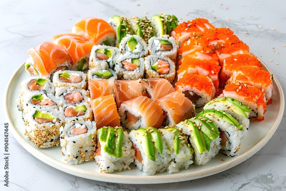 Assorted sushi set on round plate. Assorted sushi set on round plate.