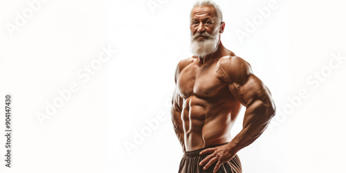 Elderly muscular man with white beard posing on white background. Shirtless senior bodybuilder shows off his athletic body. © OleksandrZastrozhnov