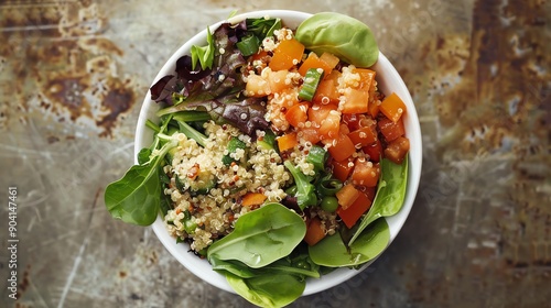 Top view of a healthy quinoa salad bowl with mixed greens, tomatoes, and fresh vegetables on a rustic background.