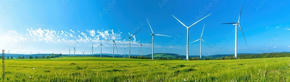 Fototapeta premium Sustainable wind turbines in the countryside, renewable energy, side view, modern green power, digital tone, Triadic Color Scheme, copy space for text