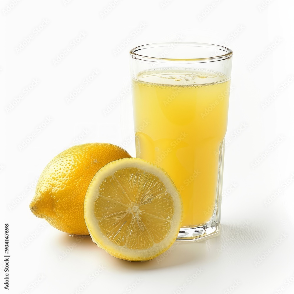 Medium shot of Lemon juice in a glass near the lemon, isolated on a white background Medium shot of Lemon juice in a glass near the lemon, isolated on a white background