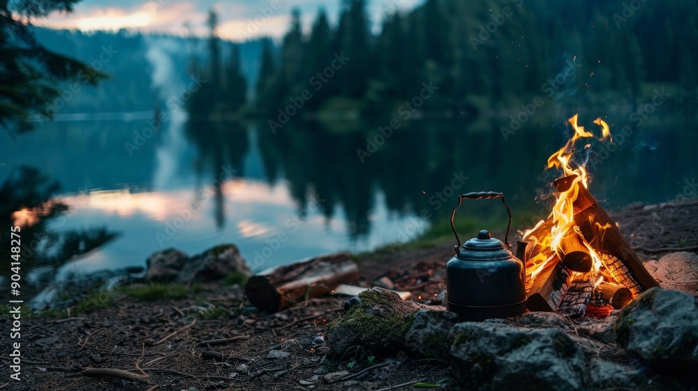 campfire next to a pot of coffee on the shore of a beautiful lake on a sunrise campfire next to a pot of coffee on the shore of a beautiful lake on a sunrise
