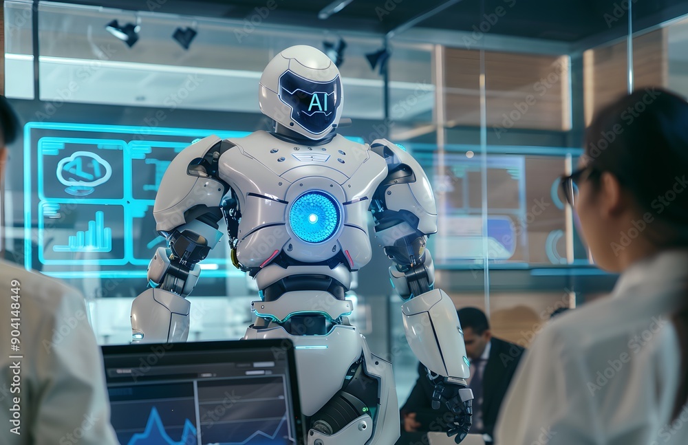 A robot with glowing blue eyes is working in a modern office. A robot with glowing blue eyes is working in a modern office.