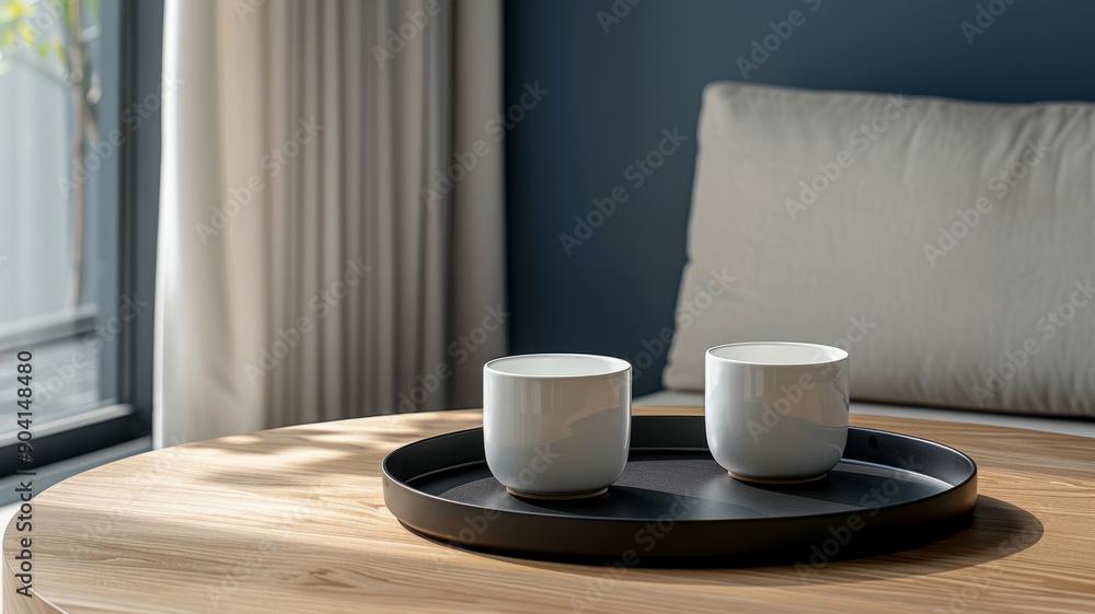 Two white coffee cups on a black tray in a cozy living room. Two white coffee cups on a black tray in a cozy living room.