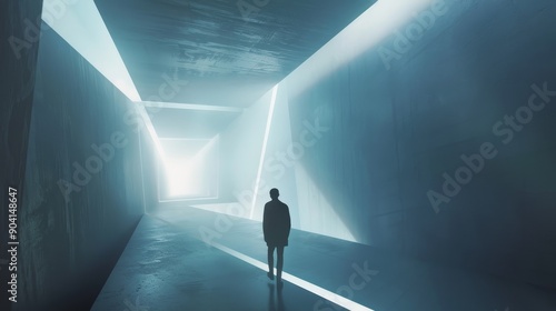 A solitary figure stands in a futuristic, abstract hallway bathed in blue light. The stark, minimalist design creates a sense of mystery and isolation.
