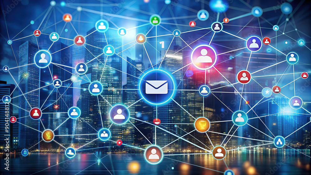 Digital network of diverse user profiles interconnected in a virtual cityscape, highlighting communication and global connectivity. Digital network of diverse user profiles interconnected in a virtual cityscape, highlighting communication and global connectivity.