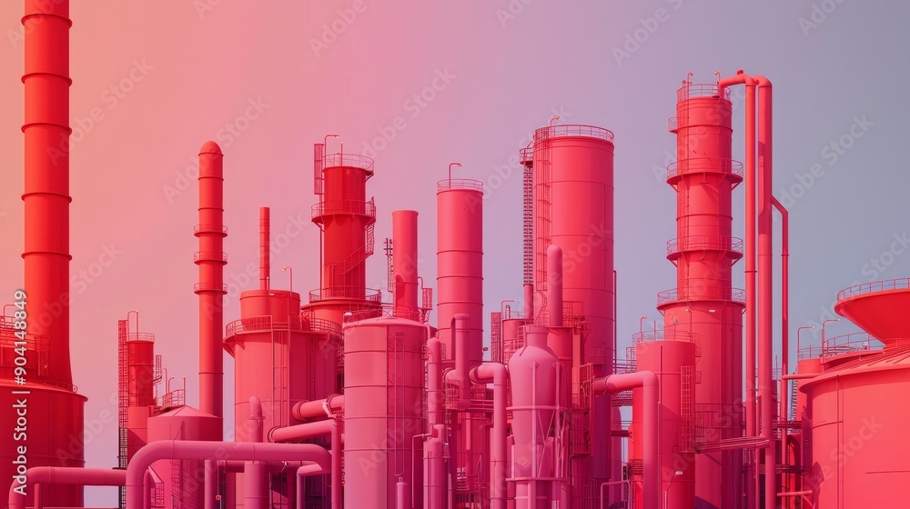 A surreal, pink-hued industrial complex with towering pipes and tanks against a vibrant sunset. A surreal, pink-hued industrial complex with towering pipes and tanks against a vibrant sunset.