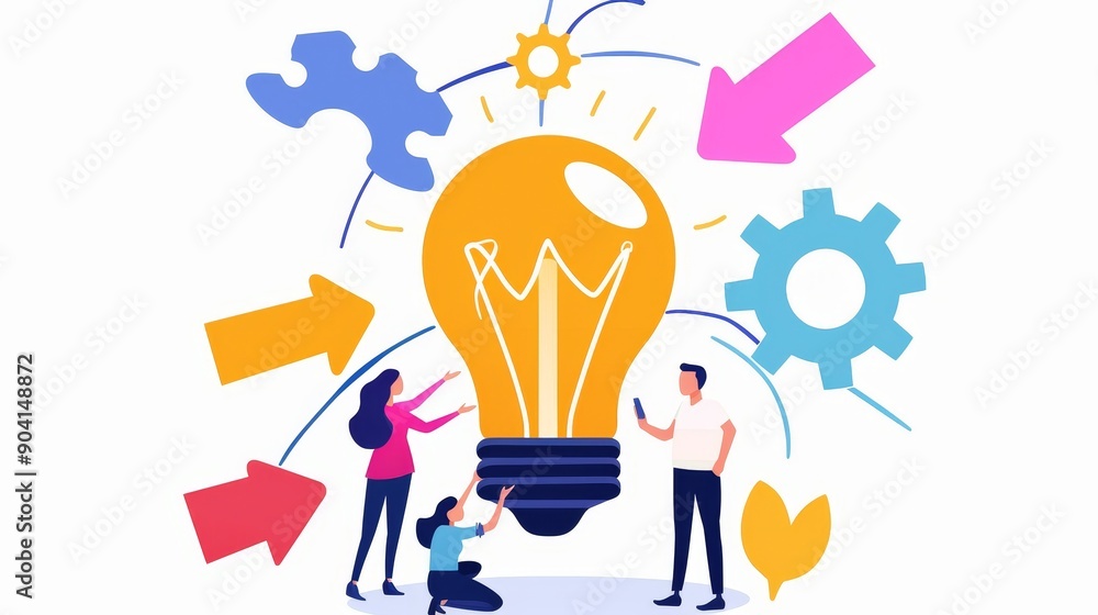Arrows pointing to a light bulb, a gear, and a puzzle piece, representing problem-solving. A group of people brainstorming with ideas flowing into a central hub Arrows pointing to a light bulb, a gear, and a puzzle piece, representing problem-solving. A group of people brainstorming with ideas flowing into a central hub