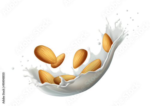 3d realistic vector icon illustration. Almond nut with milky splash. Almond milk, dairy product.
