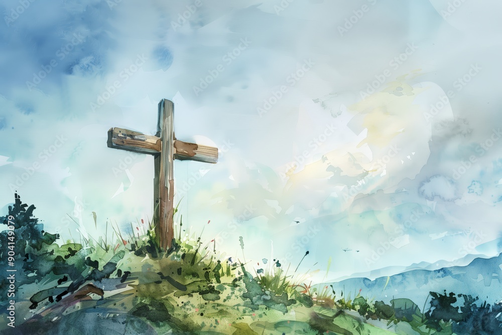 Big Wooden Cross on a Hillside Under a Bright Sky in Watercolor Style Big Wooden Cross on a Hillside Under a Bright Sky in Watercolor Style