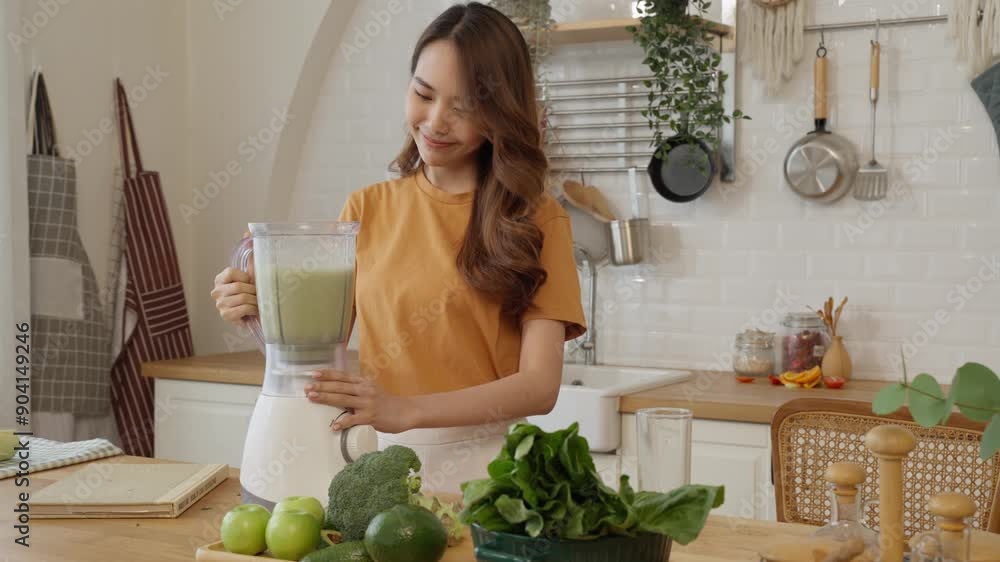 A woman is making a green smoothie in a kitchen. She is smiling and she is enjoying the process A woman is making a green smoothie in a kitchen. She is smiling and she is enjoying the process