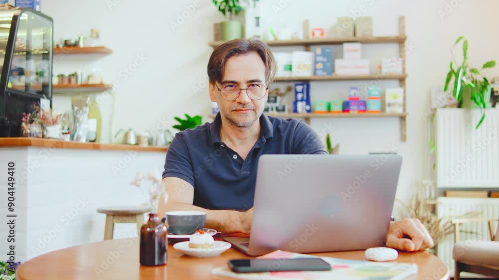 A focused professional diligently working on their laptop in a cozy coffee shop setting, taking advantage of the vibrant ambiance and unique atmosphere to stay productive and inspired