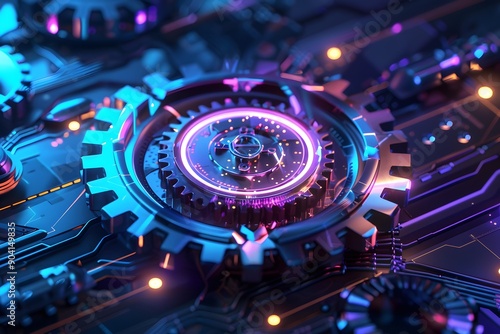 Futuristic gears rotation wireframe. High-Tech Rotation: Digital Futuristic Backgrounds Featuring Rotating Wireframe Gears with Neon Highlights and Complex Tech Patterns.