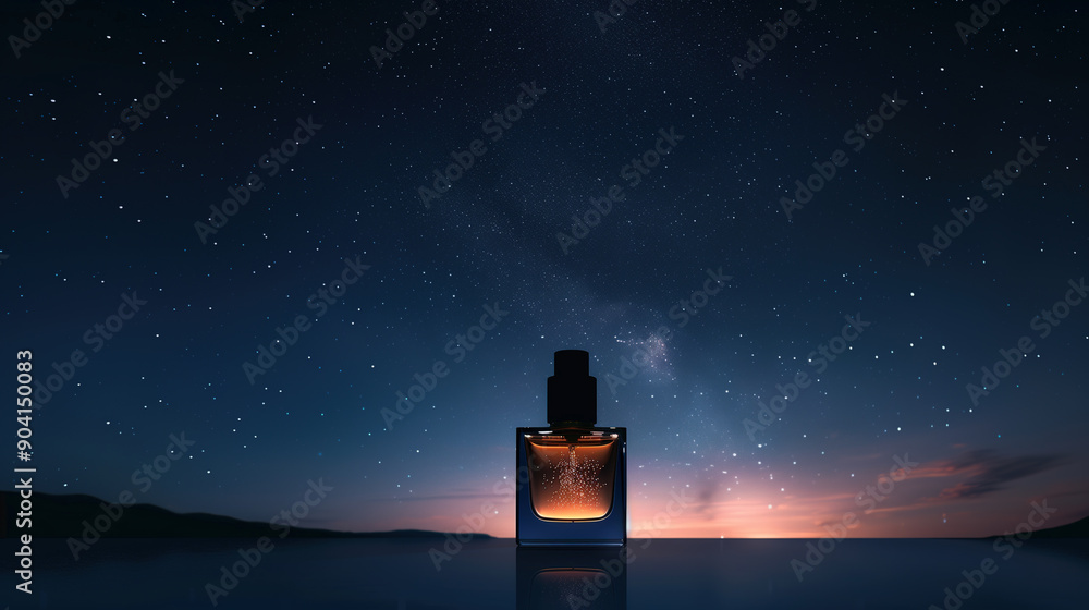 Elegant perfume bottle against a starry night sky Elegant perfume bottle against a starry night sky