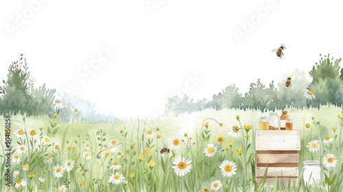 Serene meadow with wildflowers and bees, featuring a honeybee box amidst the greenery, perfect for nature and spring themes.