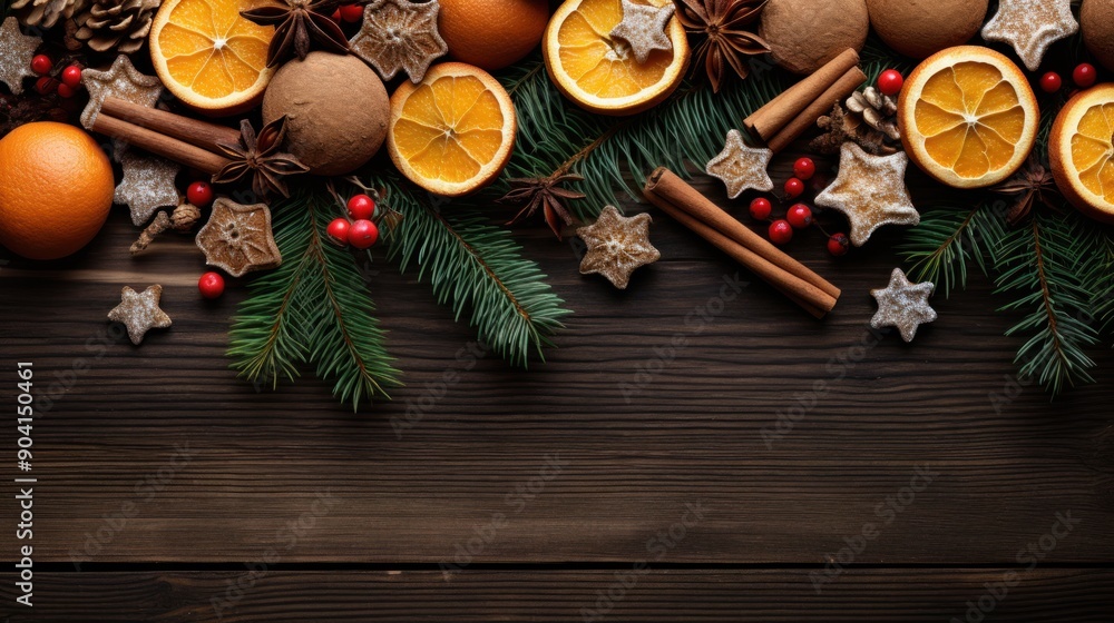 Fresh ginger cookies, spruce branches and citrus fruits on a dark background. Festive mood. Happy New Year concept Fresh ginger cookies, spruce branches and citrus fruits on a dark background. Festive mood. Happy New Year concept