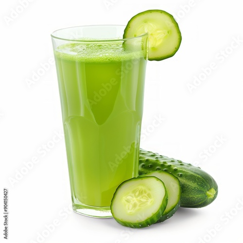 Medium shot of Glass of green cucumber juice near the cucumber, isolated on a white background,  photo