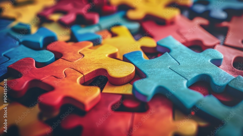Close-up of colorful puzzle pieces scattered on a table, representing teamwork, problem solving, and interconnectedness. Close-up of colorful puzzle pieces scattered on a table, representing teamwork, problem solving, and interconnectedness.