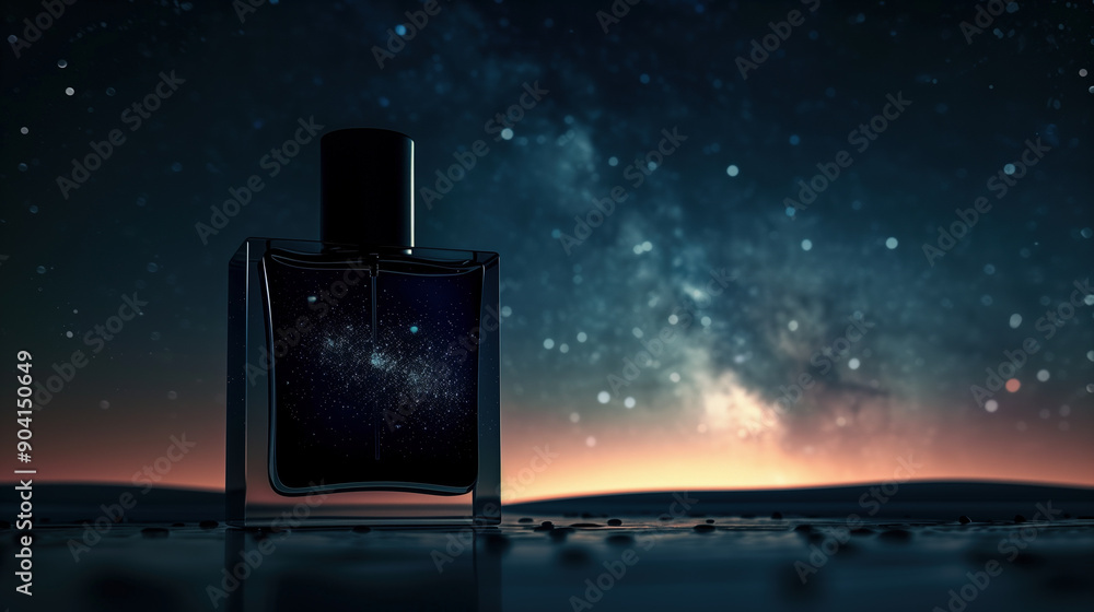 Elegant perfume bottle against a starry night sky Elegant perfume bottle against a starry night sky