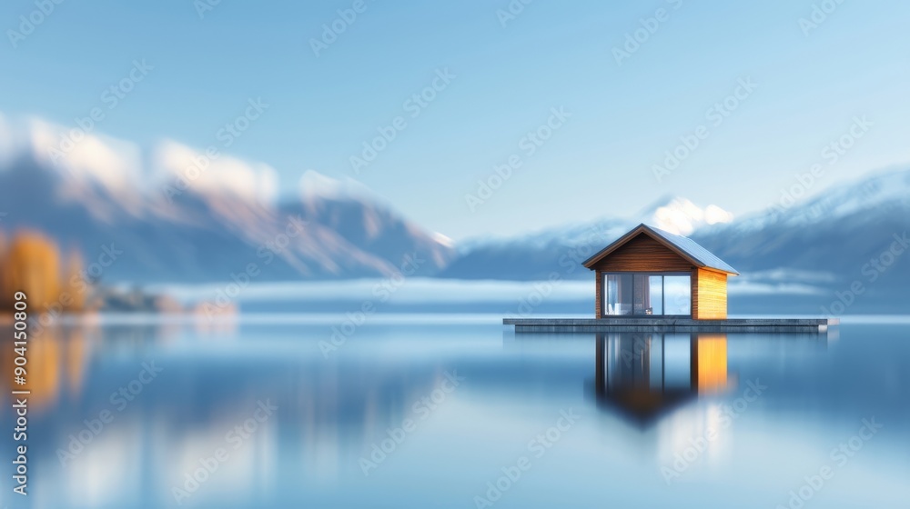 Serene lake landscape with a wooden cabin on calm water surrounded by mountains under a clear sky. Perfect for relaxation themes. Serene lake landscape with a wooden cabin on calm water surrounded by mountains under a clear sky. Perfect for relaxation themes.