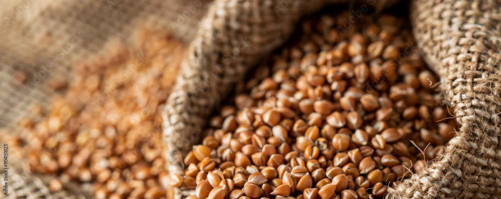A close-up of buckwheat groats in a burlap sack, highlighting the grains' texture and natural color. A close-up of buckwheat groats in a burlap sack, highlighting the grains' texture and natural color.