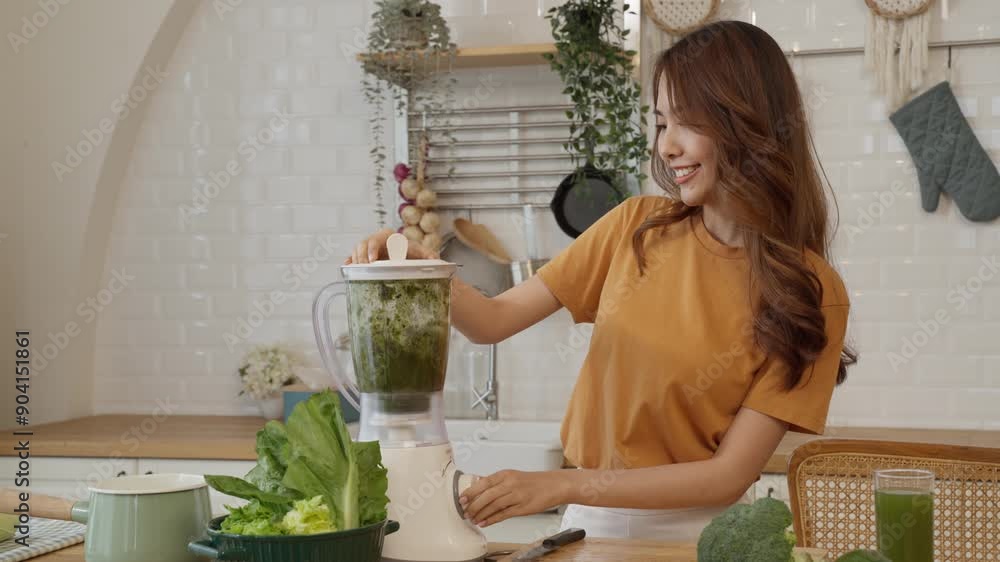 A woman is making a smoothie in a kitchen. She is smiling and she is enjoying the process, Healthy Asian woman preparing a healthy mixed vegetable and fruit juice drink. A woman is making a smoothie in a kitchen. She is smiling and she is enjoying the process, Healthy Asian woman preparing a healthy mixed vegetable and fruit juice drink.