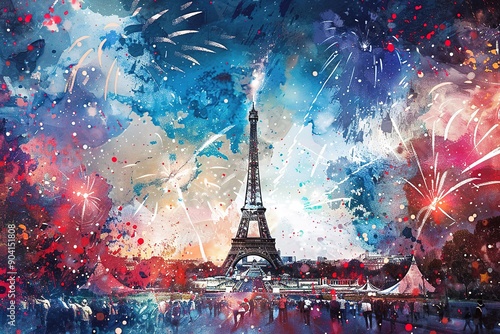 Celebratory colorful fireworks over the Eiffel Tower in Paris, France
 photo