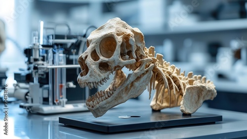 Wallpaper Mural Close-up of a dinosaur skull on display in a laboratory setting, showcasing detailed fossil remains and scientific equipment in the background. Torontodigital.ca