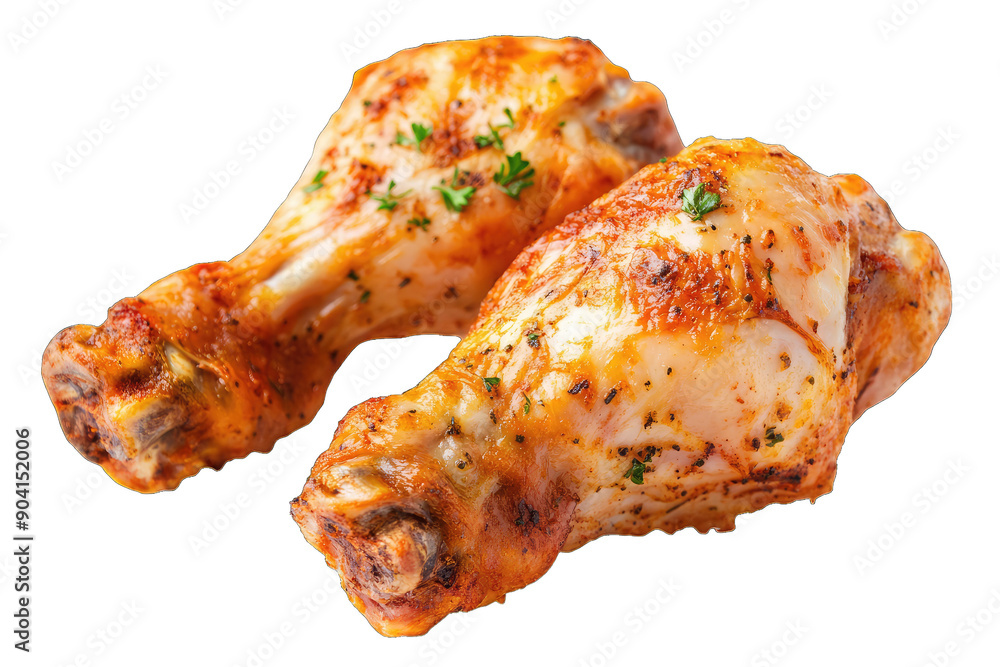 Close-up image of two grilled chicken drumsticks seasoned with herbs and spices Close-up image of two grilled chicken drumsticks seasoned with herbs and spices