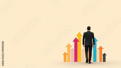 A businessman walks towards upward arrows, symbolizing growth, success, and motivation in the corporate world.