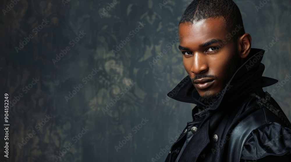 Dressed in dark attire, the model strikes an alluring pose with confidence Dressed in dark attire, the model strikes an alluring pose with confidence