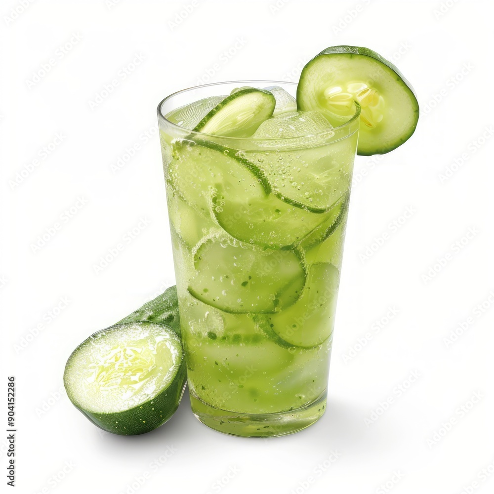 Medium shot of Glass of green cucumber juice near the cucumber, isolated on a white background, Medium shot of Glass of green cucumber juice near the cucumber, isolated on a white background,