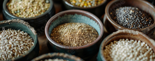 A close-up of various groats in small ceramic bowls, emphasizing their texture and variety. © AI_images_for_people