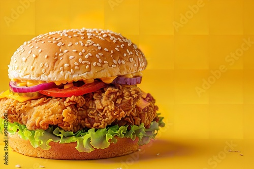 Delicious breaded chicken burger in close-up with a double cutlet on a yellow backdrop. unhealthy and fat street food. replicate spase, Generative AI. photo