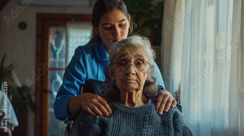 The elderly woman with caregiver photo