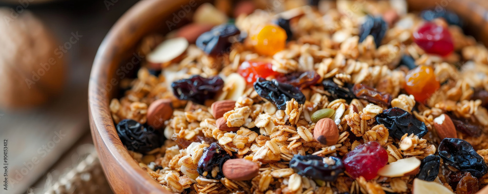 A close-up of a cereal bowl filled with granola, nuts, and dried fruits, highlighting the texture and variety of ingredients. A close-up of a cereal bowl filled with granola, nuts, and dried fruits, highlighting the texture and variety of ingredients.