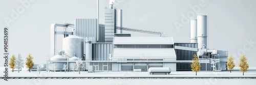 Biomass plant converting organic material, recycling to energy, side view, advanced sustainability, advanced tone, Monochromatic Color Scheme, copy space for text