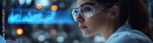 Scientist in protective eyewear analyzing data on a computer screen in a modern laboratory for research and development.