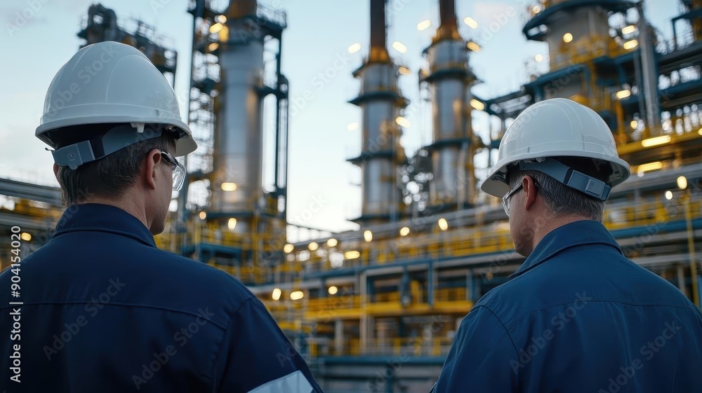 Two engineers in hard hats and safety gear inspect an industrial plant's machinery and infrastructure under evening sky. Two engineers in hard hats and safety gear inspect an industrial plant's machinery and infrastructure under evening sky.
