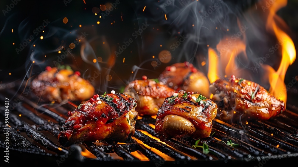 Grill chicken thighs with barbecue sauce over a blazing grill, Generative AI. Grill chicken thighs with barbecue sauce over a blazing grill, Generative AI.
