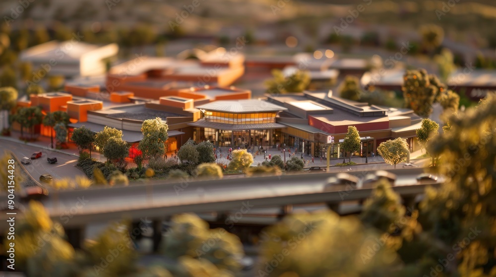 Generate a photo realistic image of a maquette representing a retail center with shopping malls, department stores, and entertainment venues; ensure the image is of high resolution for clear Generate a photo realistic image of a maquette representing a retail center with shopping malls, department stores, and entertainment venues; ensure the image is of high resolution for clear