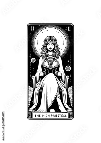 The High Priestess: Tarot Card Featuring Goddess, Book, Pillars, Moon, Sun, and Mystical Symbols