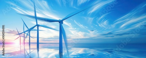 Clean energy from turbine blades in motion, modern power, front view, renewable technology, technology tone, Analogous Color Scheme, copy space for text