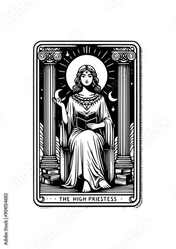 The High Priestess: Tarot Card Featuring Goddess, Book, Pillars, Moon, Sun, and Mystical Symbols