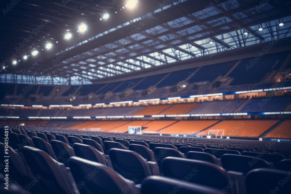 Naklejka premium The arena showcases vacant seats illuminated by soft, blurred lights, creating a serene atmosphere during an evening event