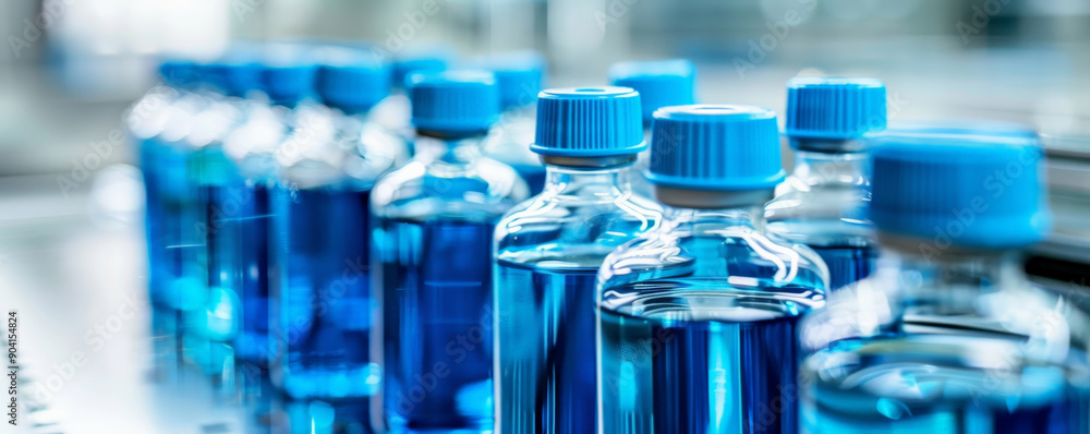 Several blue liquid-filled bottles on a sterile surface in a medical lab, reflecting the professional and clean environment. Several blue liquid-filled bottles on a sterile surface in a medical lab, reflecting the professional and clean environment.