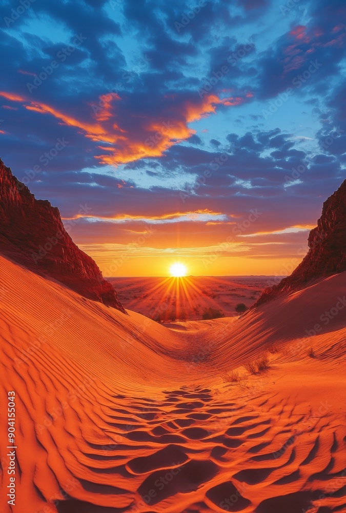 Naklejka premium A serene scene of a desert sunset, with the sun dipping below the horizon and painting the sky in brilliant colors over the sandy terrain