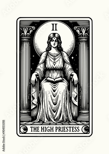 The High Priestess: Tarot Card Featuring Goddess, Book, Pillars, Moon, and Mystical Symbols