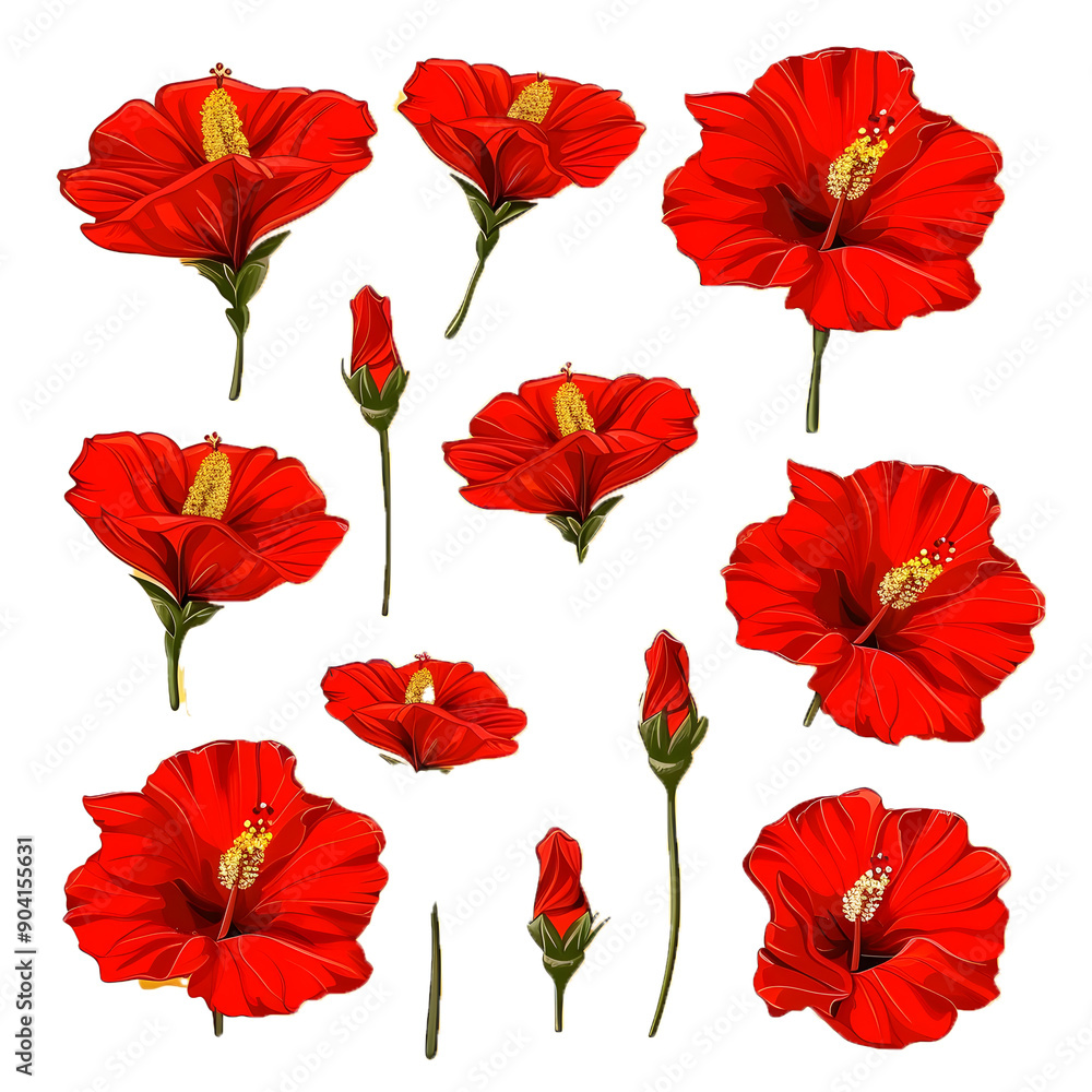 Set of tropical red hibiscus flowers isolated on yellow background png Set of tropical red hibiscus flowers isolated on yellow background png
