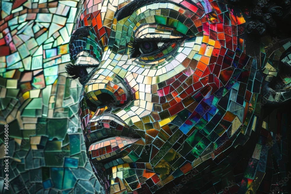 Obraz premium Close-up of a mosaic face sculpture, showcasing detailed reflective tiles.
